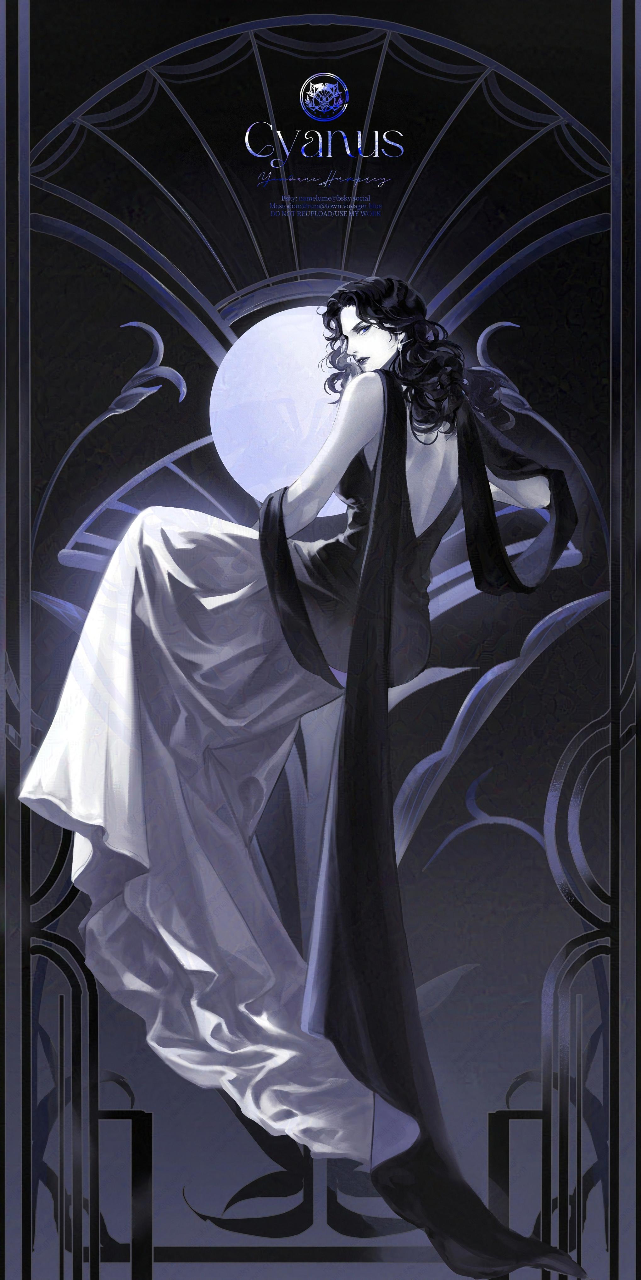 뒤를 돌아보며 앉아있는 검은 머리에 푸른 눈의 여성 전신